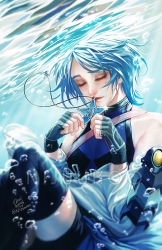 Rule 34 | 1girl, air bubble, aqua (kingdom hearts), artist name, blue hair, detached sleeves, closed eyes, fingerless gloves, gloves, jewelry, kingdom hearts, kingdom hearts birth by sleep, necklace, nijuuni, smile, solo, thighhighs, underwater, water