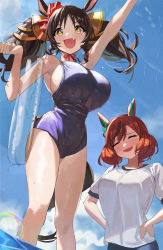 Rule 34 | 2girls, absurdres, animal ears, bare arms, bare legs, bare shoulders, black hair, black one-piece swimsuit, blouse, blush, breasts, brown eyes, closed eyes, day, fang, feipin zhanshi, hands on own hips, highres, horse ears, horse girl, horse tail, large breasts, long hair, marvelous sunday (umamusume), medium hair, multiple girls, nice nature (umamusume), one-piece swimsuit, open mouth, red hair, shirt, short sleeves, smile, swimsuit, tail, thighs, twintails, two side up, umamusume, white shirt