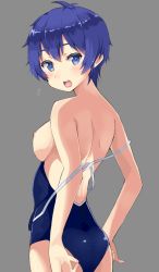 Rule 34 | 1girl, :o, adjusting clothes, adjusting swimsuit, bad id, bad pixiv id, blue eyes, blue hair, breasts, clothes pull, competition school swimsuit, competition swimsuit, gomashi (goma), highres, kamishiro sui, looking at viewer, nipples, one-piece swimsuit, one-piece swimsuit pull, school swimsuit, swimsuit, tokyo 7th sisters