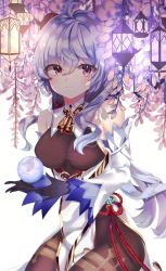 Rule 34 | 1girl, ahoge, bare shoulders, bell, black gloves, black legwear, blue hair, blush, bow, breasts, chinese knot, detached sleeves, flower, flower knot, ganyu (genshin impact), genshin impact, gloves, gold trim, horns, kitty, lantern, large breasts, long hair, looking at viewer, low ponytail, neck bell, orb, pelvic curtain, pink flower, purple eyes, red rope, rope, seiza, sideboob, sidelocks, sitting, smile, solo, tassel, thighlet, vision (genshin impact), white sleeves