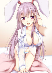 Rule 34 | 1girl, animal ears, bad id, bad pixiv id, blush, breasts, cleavage, commentary request, gradient background, hisae (hisae collect), kneeling, large breasts, light purple hair, long hair, long sleeves, no pants, on bed, open mouth, panties, rabbit ears, red eyes, reisen udongein inaba, shirt, smile, solo focus, striped clothes, striped panties, touhou, underwear