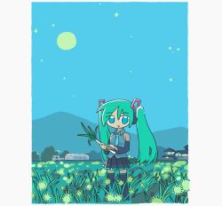 Rule 34 | 1girl, animated, animated gif, black skirt, black thighhighs, blue eyes, blue hair, blue necktie, detached sleeves, food, hatsune miku, highres, holding, holding food, holding spring onion, holding vegetable, long hair, mountainous horizon, necktie, night, night sky, outdoors, parted lips, pleated skirt, skirt, sky, smile, solo, spring onion, star (sky), starry sky, thighhighs, toyoi yuuta, twintails, vegetable, vocaloid