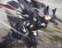 Rule 34 | 1girl, artist name, body armor, bodysuit, breasts, character request, claws, commentary request, commission, fang, full body, gatling gun, glowing, glowing eyes, grey hair, headgear, highres, looking at viewer, machinery, mecha musume, medium hair, open mouth, personification, pixiv commission, red eyes, slit pupils, solo, tom-neko (zamudo akiyuki), wolf, zoids
