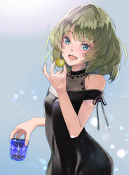 Rule 34 | 1girl, bare shoulders, black dress, blue background, blue eyes, blush, breasts, collarbone, cup, dress, drinking glass, food, fruit, gradient background, green eyes, green hair, hand up, heterochromia, holding, holding cup, holding food, holding fruit, idolmaster, idolmaster cinderella girls, idolmaster cinderella girls starlight stage, kawaty, lens flare, lens flare abuse, looking at viewer, medium breasts, mole, mole under eye, open mouth, plum, see-through, short hair, sleeveless, sleeveless dress, smile, solo, standing, takagaki kaede, upper body