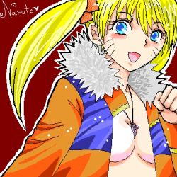 Rule 34 | 1girl, artist request, blonde hair, blue eyes, blue jacket, blush, breasts, character name, cleavage, clenched hand, facial mark, facing viewer, fur-trimmed jacket, fur trim, genderswap, genderswap (mtf), hair ornament, hair ribbon, hair tie, hand up, happy, heart, jacket, jewelry, long hair, long sleeves, looking at viewer, lowres, medium breasts, multicolored clothes, naruko (naruto), naruto, naruto (series), necklace, no bra, open clothes, open jacket, open mouth, orange jacket, orange ribbon, red background, ribbon, sexy no jutsu, smile, solo, tongue, twintails, upper body, uzumaki naruto, whisker markings, whiskers