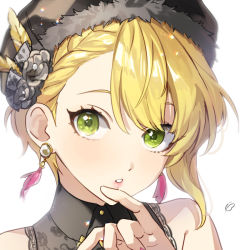 Rule 34 | 1girl, banababa, blonde hair, braid, earrings, feathers, green eyes, grey headwear, hair between eyes, hat feather, idolmaster, idolmaster cinderella girls, jewelry, looking at viewer, miyamoto frederica, parted lips, portrait, short hair, solo, white background, yellow feathers