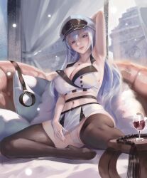 Rule 34 | 1girl, absurdres, akame ga kill!, arm behind head, armpits, blue eyes, blue hair, breasts, chest tattoo, cityscape, commentary request, cuffs, cup, drinking glass, esdeath, halterneck, hat, highres, indoors, large breasts, long hair, mature female, military hat, military uniform, miniskirt, navel, nekobell, on bed, panties, peaked cap, reclining, shackles, skirt, tattoo, thighhighs, thighs, underwear, uniform, very long hair, whip, white panties, window, wine glass