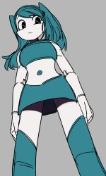 Rule 34 | 1girl, absurdres, android, black eyes, breasts, expressionless, eyebrows hidden by hair, from below, highres, jenny wakeman, looking down, looking to the side, mano (manobece), medium breasts, metal skin, my life as a teenage robot, navel, robot, solo, twintails