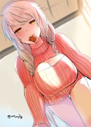 Rule 34 | 1girl, alternate costume, alternate hairstyle, breasts, brown eyes, cleavage, cleavage cutout, clothing cutout, condom, condom in mouth, condom wrapper, dutch angle, highres, indoors, kantai collection, long hair, looking at viewer, masago (rm-rf), meme attire, mouth hold, open-chest sweater, red sweater, ribbed seater, ribbed sweater, silver hair, solo, sweater, twitter username, unryuu (kancolle), very long hair