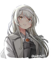 Rule 34 | 1girl, armor, breastplate, ebifurya, from below, headband, highres, japanese clothes, kantai collection, long hair, parted lips, portrait, shoukaku (kancolle), simple background, solo, twitter username, upper body, white background, white hair, white headband, yellow eyes