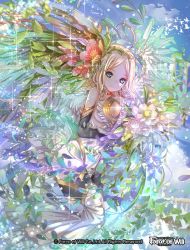 Rule 34 | 1girl, ahoge, bare shoulders, bird, blonde hair, blue eyes, copyright name, curly hair, day, feathered wings, flower, force of will, gloves, leaf, nanahara shie, official art, sky, solo, sparkle, wings