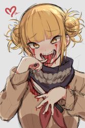 Rule 34 | 10s, 1girl, absurdres, blonde hair, blood, bloody knife, bloody weapon, blunt bangs, boku no hero academia, cardigan, double bun, fangs, hair bun, heart, highres, knife, messy hair, ooyun, open mouth, school uniform, solo, toga himiko, upper body, weapon, yellow eyes