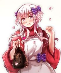 Rule 34 | 1girl, :d, apron, bag, blush, bow, cioccolatodorima, fingernails, frilled apron, frills, hair bow, holding, long hair, long sleeves, minatomachi ruku, official style, open mouth, petals, pink bow, pink eyes, simple background, smile, solo, striped, striped bow, taisho roman oni-san yameteee!!, upper body, white background, white hair