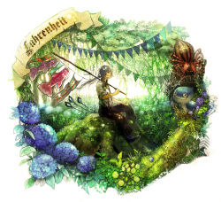 Rule 34 | 1boy, black pants, blouse, bug, character request, chibi (shimon), dappled sunlight, fishing rod, floating hair, flower, forest, from side, holding, hydrangea, koinobori, livly, livly island, long hair, male focus, morning glory, moss, mushroom, nature, on ground, pants, pennant, personification, plant, ponytail, scenery, shirt, shoes, silver hair, sitting, sleeves rolled up, solo, spider, string of flags, sunlight, suspenders, white shirt, windsock