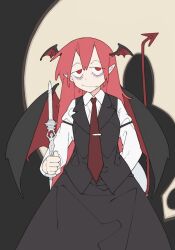Rule 34 | 1girl, arm behind back, bags under eyes, black skirt, black vest, black wings, bolos, breasts, candle, closed mouth, collared shirt, commentary, cowboy shot, demon girl, demon tail, demon wings, english commentary, head wings, holding, holding candle, koakuma, long hair, long sleeves, looking at viewer, medium bangs, medium breasts, necktie, pointy ears, red eyes, red hair, red necktie, red wings, shadow, shirt, skirt, skirt set, smile, solo, tail, touhou, vest, white shirt, wings