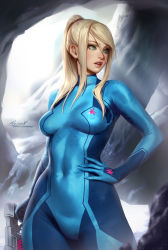 Rule 34 | 1girl, aleriia v, artist name, blonde hair, blue eyes, bodysuit, breasts, covered navel, cowboy shot, eyelashes, feet out of frame, gun, hands on own hips, highres, holding, holding gun, holding weapon, large breasts, lips, long hair, looking to the side, metroid, mole, mole under mouth, nintendo, parted lips, patreon username, piercing, ponytail, samus aran, sidelocks, signature, simple background, skin tight, solo, standing, teeth, thighs, upper teeth only, watermark, weapon, web address, zero suit