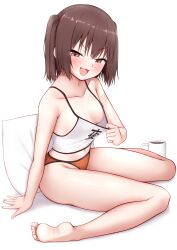 Rule 34 | 1girl, absurdres, barefoot, breasts, brown eyes, brown hair, camisole, camisole lift, cleavage, clothes lift, clothes writing, crop top, cup, feet, highres, kantai collection, legs, mug, night battle idiot, open mouth, orange panties, panties, pillow, sendai (kancolle), shirt tug, short hair, simple background, sitting, small breasts, smile, soles, solo, spaghetti strap, tiemu (man190), toes, two side up, underwear, wariza, white background, white camisole