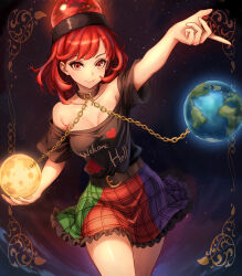 Rule 34 | 1girl, absurdres, bare shoulders, black shirt, breasts, chain, clothes writing, collar, cowboy shot, earth (ornament), frilled skirt, frills, gradient background, hecatia lapislazuli, highres, looking at viewer, medium breasts, miniskirt, moon (ornament), multicolored background, multicolored clothes, multicolored skirt, night, off-shoulder shirt, off shoulder, pigsir13152, plaid, plaid skirt, red eyes, red hair, shirt, short sleeves, skirt, sky, smile, solo, star (sky), starry sky, t-shirt, touhou, underworld (ornament)