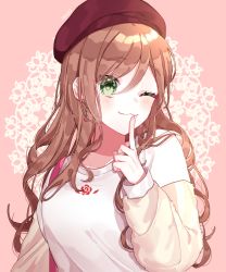 Rule 34 | 1girl, :3, artist name, bag, bang dream!, beret, blush, brown hair, commentary, earrings, finger to mouth, floral print, green eyes, hair between eyes, hat, highres, imai lisa, index finger raised, jewelry, long hair, long sleeves, looking at viewer, patzzi, pink background, red hat, rose print, shoulder bag, solo, upper body, wavy hair
