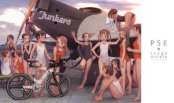 Rule 34 | 6+girls, aircraft, airplane, all fours, arm up, artist name, ass, bare legs, bare shoulders, barefoot, bicycle, black hair, black one-piece swimsuit, braid, breasts, brown eyes, brown hair, closed mouth, day, hand on own hip, leaning forward, long hair, looking at another, multiple girls, murata range, on bench, on ground, one-piece swimsuit, open mouth, orange one-piece swimsuit, original, outdoors, own hands together, ponytail, propeller, short hair, short twintails, single braid, sitting, small breasts, smile, standing, swimsuit, twintails, white one-piece swimsuit