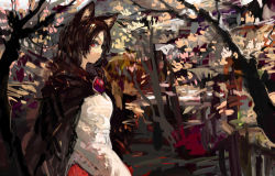 Rule 34 | 1girl, animal ears, brooch, brown hair, cape, commentary request, dress, imaizumi kagerou, jewelry, landscape, long hair, long sleeves, looking at viewer, nature, onion (onion and pi-natto), profile, red eyes, solo, touhou, tree, wolf ears