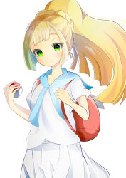 Rule 34 | 1girl, absurdres, backpack, bad id, bad pixiv id, bag, blonde hair, blue sailor collar, blush, braid, closed mouth, collarbone, commentary request, creatures (company), crown braid, eyelashes, game freak, green eyes, hands up, high ponytail, highres, holding, holding poke ball, lillie (pokemon), nintendo, orange bag, poke ball, poke ball (basic), pokemon, pokemon sm, sailor collar, shirt, short sleeves, simple background, skirt, smile, solo, split mouth, tsunamayo (tsuna art27), white background, white shirt, white skirt