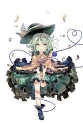 Rule 34 | 1girl, :d, black footwear, black hat, blush, eyeball, floral print, flower, frilled shirt collar, frilled skirt, frilled sleeves, frills, full body, green eyes, green hair, green skirt, hair between eyes, hat, hat ribbon, heart, heart of string, komeiji koishi, long sleeves, looking at viewer, open mouth, ribbon, rose, shoes, simple background, skirt, smile, solo, third eye, touhou, white background, wide sleeves, yellow flower, yellow ribbon, yellow rose, yilocity