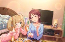 Rule 34 | 10s, 2girls, ahoge, alcohol, artist request, bed, beer, beer can, blonde hair, blush, book, brown hair, can, dog, drink, drink can, fingernails, food, golden retriever, green eyes, grin, idolmaster, idolmaster cinderella girls, idolmaster cinderella girls starlight stage, jewelry, long fingernails, long hair, mifune miyu, multiple girls, necklace, official art, one eye closed, open mouth, parted bangs, photo (object), ponytail, sato shin, sitting, smile, table, television, twintails