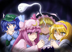 Rule 34 | 4girls, alice margatroid, blonde hair, blue eyes, blue hair, female focus, flx, giving up the ghost, hair bobbles, hair ornament, hair ribbon, hairband, hat, kawashiro nitori, key, kirisame marisa, long hair, multiple girls, patchouli knowledge, purple eyes, purple hair, ribbon, short hair, subterranean animism, touhou, twintails, two side up, witch, witch hat, yellow eyes