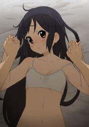 Rule 34 | 1girl, 1other, absurdres, black hair, blush, bra, brown eyes, collarbone, commentary request, hair down, highres, holding hands, interlocked fingers, k-on!, kicchi (tmgk), long hair, looking at viewer, lying, nakano azusa, navel, on back, on bed, parted lips, pov, pov hands, solo focus, underwear, upper body, white bra