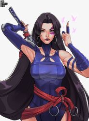 1girl blue_eyes breasts gloves highleg highleg_leotard highres holding holding_sword holding_weapon leotard long_hair looking_at_viewer marvel marvel_rivals psylocke psylocke_(vengeance) purple_eyes purple_hair redrollerball12 sash short_hair smile solo sword weapon x-men