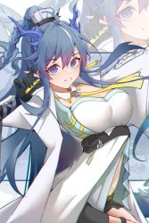 Rule 34 | 1girl, ahoge, arknights, blue eyes, blue hair, breasts, cleavage, coat, grin, hair between eyes, highres, horns, large breasts, ling (arknights), long hair, looking at viewer, navel, necktie, open clothes, open coat, pointy ears, smile, solo, upper body, very long hair, white coat, yellow necktie, za bianhuinanxin za, zoom layer