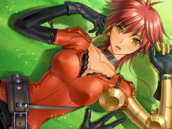 Rule 34 | 1girl, armor, asymmetrical clothes, belt, black gloves, blush, breasts, choker, cleavage, earrings, g.j?, game cg, gloves, grass, jewelry, lace, large breasts, lying, mira (queen bonjourno), on back, open mouth, pov, queen bonjourno, red hair, sano toshihide, short hair, solo, tan, yellow eyes