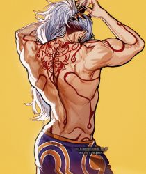 Rule 34 | 1boy, arataki itto, artist name, back, back focus, biceps, black nails, claws, ear piercing, earrings, genshin impact, highres, jewelry, long hair, male focus, manly, mature male, multicolored hair, muscular, muscular male, nail polish, pants, piercing, ponytail, red hair, signature, simple background, solo, tattoo, umikochannart, white hair, yellow background