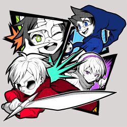 Rule 34 | 2boys, 2girls, animal ears, black hair, blue eyes, blue hood, blue shirt, buck teeth, caledfwlch, cape, closed mouth, colored skin, commentary request, dave strider, dog ears, finger frame, glasses, green eyes, grey background, hairband, holding, holding sword, holding weapon, homestuck, jade harley, john egbert, light frown, limited palette, looking at viewer, multiple boys, multiple girls, nijuu, open mouth, purple eyes, purple hairband, rectangular eyewear, red cape, red tunic, rose lalonde, round eyewear, semi-rimless eyewear, shirt, smile, sunglasses, sword, teeth, under-rim eyewear, upper teeth only, v-shaped eyebrows, weapon, white hair, white skin