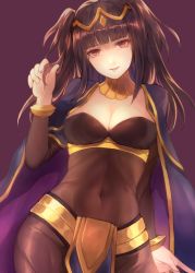Rule 34 | 1girl, bangle, black hair, bodysuit, bracelet, breasts, cape, cleavage, covered navel, fire emblem, fire emblem awakening, jewelry, jurge, long hair, medium breasts, nintendo, parted lips, simple background, solo, tharja (fire emblem), tiara, twintails, two side up