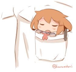 Rule 34 | 10s, 1girl, blush stickers, breast pocket, brown hair, check commentary, closed eyes, commentary request, fang, hair ornament, hairclip, hanomido, ikazuchi (kancolle), in pocket, kantai collection, mini person, minigirl, neckerchief, open mouth, out of frame, pen, pocket, school uniform, serafuku, shirt pocket, short hair, sleeping, solo focus, twitter username