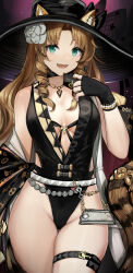 Rule 34 | 1girl, absurdres, animal ear fluff, animal ears, arknights, black gloves, black hat, black one-piece swimsuit, bracelet, breasts, brown hair, card, casual one-piece swimsuit, chain, cowboy shot, drill hair, fang, fingerless gloves, gloves, green eyes, hat, highleg, highleg swimsuit, highres, holding, holding card, jewelry, long hair, looking at viewer, medium breasts, necklace, nopetroto, one-piece swimsuit, open mouth, parted bangs, pearl bracelet, revision, solo, swimsuit, swire (arknights), swire the elegant wit (arknights), tail, thigh strap, thighs, tiger ears, tiger girl, tiger tail, twin drills