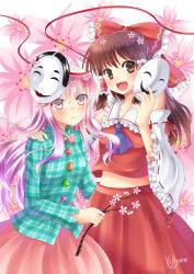 Rule 34 | 2girls, :d, artist name, ascot, blush, bow, brown eyes, brown hair, detached sleeves, flower, hair bow, hair tubes, hakurei reimu, hand on another&#039;s shoulder, hata no kokoro, highres, mask, multiple girls, noh mask, open mouth, pink eyes, pink hair, plaid, plaid shirt, shirt, skirt, skirt set, smile, touhou, villyane