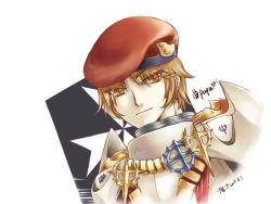 Rule 34 | 1boy, armor, beret, breastplate, brown eyes, brown hair, chinese commentary, closed mouth, commentary request, cross, dated, eyes visible through hair, fumiao, hair between eyes, hat, looking at viewer, male focus, pauldrons, ragnarok online, red hat, royal guard (ragnarok online), short hair, shoulder armor, signature, simple background, smile, solo, upper body, white background