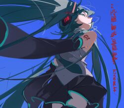 Rule 34 | 1girl, absurdres, black skirt, blue background, blue eyes, blue hair, blue necktie, chinese commentary, commentary request, cowboy shot, detached sleeves, floating hair, from below, grey shirt, hatsune miku, headphones, highres, kuukan jijou jikan jishou. (vocaloid), long hair, looking to the side, miniskirt, mixed-language commentary, necktie, no mouth, number tattoo, nyansky, profile, shirt, shoulder tattoo, simple background, skirt, sleeveless, sleeveless shirt, sleeves past fingers, sleeves past wrists, solo, song name, tattoo, translation request, twintails, very long hair, vocaloid, wind