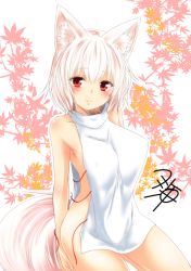 Rule 34 | 1girl, animal ears, arms behind back, blush, breasts, closed mouth, cowboy shot, inubashiri momiji, large breasts, leaf, leaf background, looking at viewer, naked tabard, red eyes, short hair, smile, standing, tabard, tail, touhou, turtleneck, untied, white background, white hair, wolf ears, wolf tail, yua (checkmate)