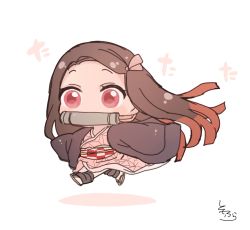 Rule 34 | 1girl, bamboo, bit gag, blue footwear, brown hair, checkered sash, chibi, colored shadow, commentary request, forehead, full body, gag, hair ribbon, highres, japanese clothes, kamado nezuko, kimetsu no yaiba, kimono, long hair, long sleeves, mouth hold, multicolored hair, obi, open clothes, parted bangs, pink kimono, pink ribbon, red eyes, ribbon, sandals, sash, shadow, signature, sleeves past fingers, sleeves past wrists, sofra, solo, two-tone hair, very long hair, white background, zouri
