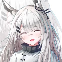 Rule 34 | 1girl, animal ear fluff, animal ears, arknights, chinese commentary, closed eyes, frostnova (arknights), hair ornament, hairclip, happy, highres, jacket, long hair, morihar, open mouth, rabbit ears, scar, scar on face, scar on nose, silver hair, solo, upper body, white jacket, zoom layer