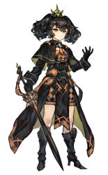 Rule 34 | 1girl, absurdres, black capelet, black footwear, black gloves, black hair, black shirt, boots, capelet, closed mouth, full body, gloves, hair between eyes, hand up, high heel boots, high heels, highres, holding, holding sword, holding weapon, long sleeves, looking at viewer, orange eyes, original, puffy shorts, shirt, short shorts, shorts, simple background, solo, standing, sword, twintails, weapon, weapon request, white background, yanyan (shinken gomi)