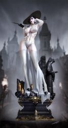 Rule 34 | 1girl, absurdres, alcina dimitrescu, arm up, bare shoulders, black footwear, black gloves, black hair, black headwear, black nails, blurry, blurry background, bra, breasts, candle, castle, commentary request, curly hair, depth of field, full body, garter belt, gloves, hand up, highres, holding, lipstick, looking at viewer, makeup, nail polish, navel, open bra, outdoors, pale skin, panties, red lips, resident evil, resident evil village, short hair, signature, single glove, smoking pipe, solo, standing, statue, stomach, thighhighs, thighs, underwear, underwear only, wang chen, white bra, white garter belt, white panties, white thighhighs, yellow eyes