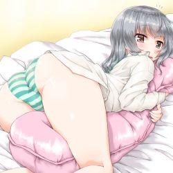 Rule 34 | 1girl, ass, blouse, blush, body pillow, brown eyes, dd (ijigendd), green panties, hugging object, kantai collection, kasumi (kancolle), long hair, long sleeves, looking at viewer, no pants, open mouth, panties, pillow, pillow hug, shirt, silver hair, solo, striped clothes, striped panties, underwear, white shirt
