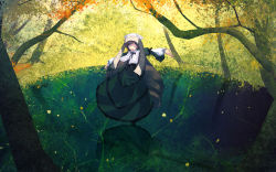 Rule 34 | 00s, 1girl, :d, aikura chihiro, autumn, autumn leaves, bikini, black ribbon, brown hair, corset, dress, drill hair, closed eyes, falling leaves, frilled bikini, frilled dress, frills, full body, green dress, head scarf, layered dress, long hair, long sleeves, open mouth, outdoors, outstretched arms, plant, pond, reflection, ribbon, rozen maiden, shore, smile, solo, suiseiseki, swimsuit, tree, very long hair, water