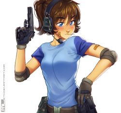 Rule 34 | 1girl, bandaid, bandaid on arm, bandaid on face, belt, belt pouch, black gloves, blue eyes, blush, breasts, brooke (mleth), brown hair, cz 75, ear protection, elbow pads, freckles, gloves, gun, handgun, headset, highres, long hair, magazine (weapon), mleth, original, pistol, ponytail, pouch, raglan sleeves, revision, shirt, small breasts, solo, t-shirt, trigger discipline, weapon, white background