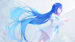 Rule 34 | 1girl, absurdres, ai floverse, blue hair, detached sleeves, dress, english text, hands up, highres, long hair, multicolored hair, original, pink hair, ribbon, solo, standing, straight hair, two-tone hair, very long hair, white dress